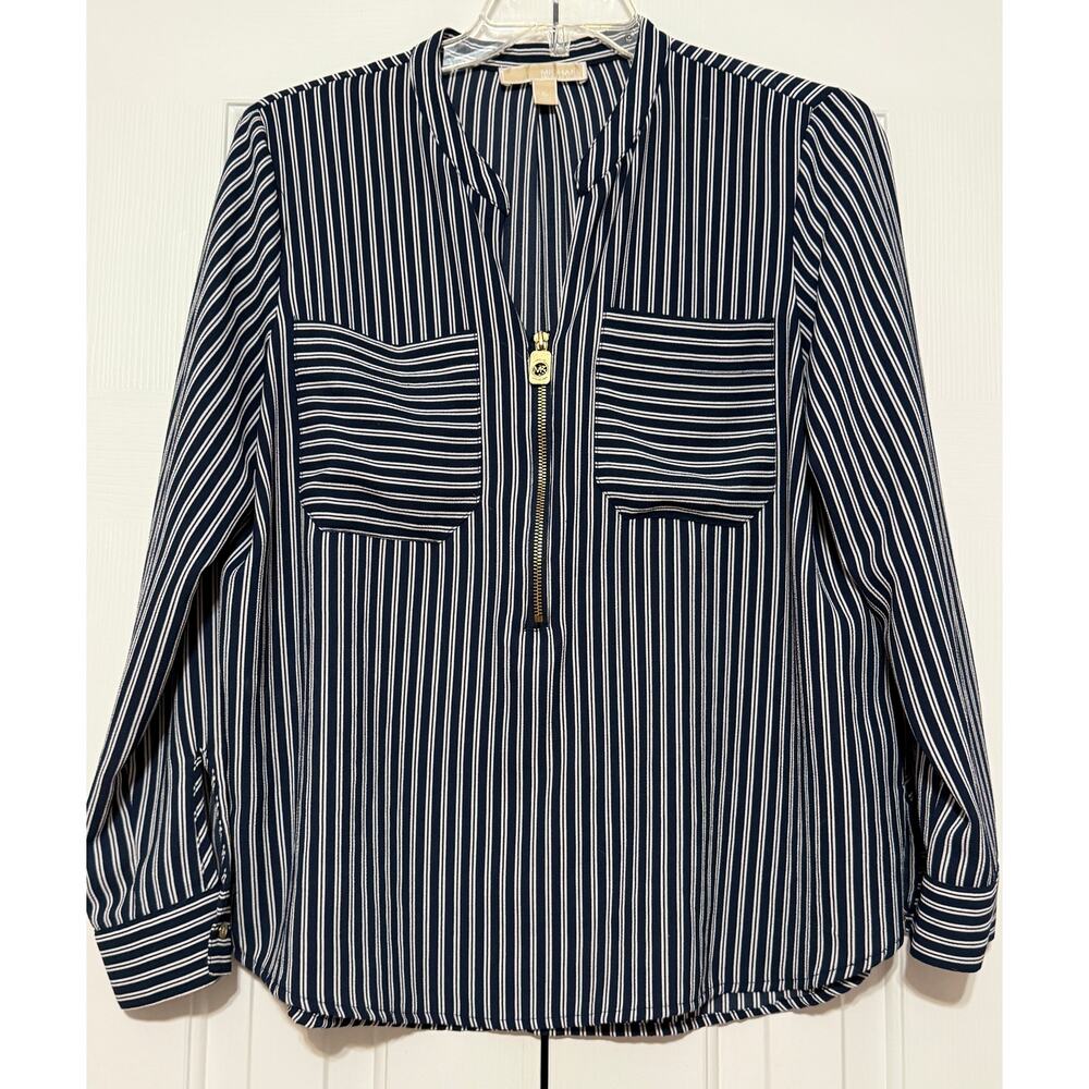 Michael Kors Blue and White Striped Blouse, Size XL